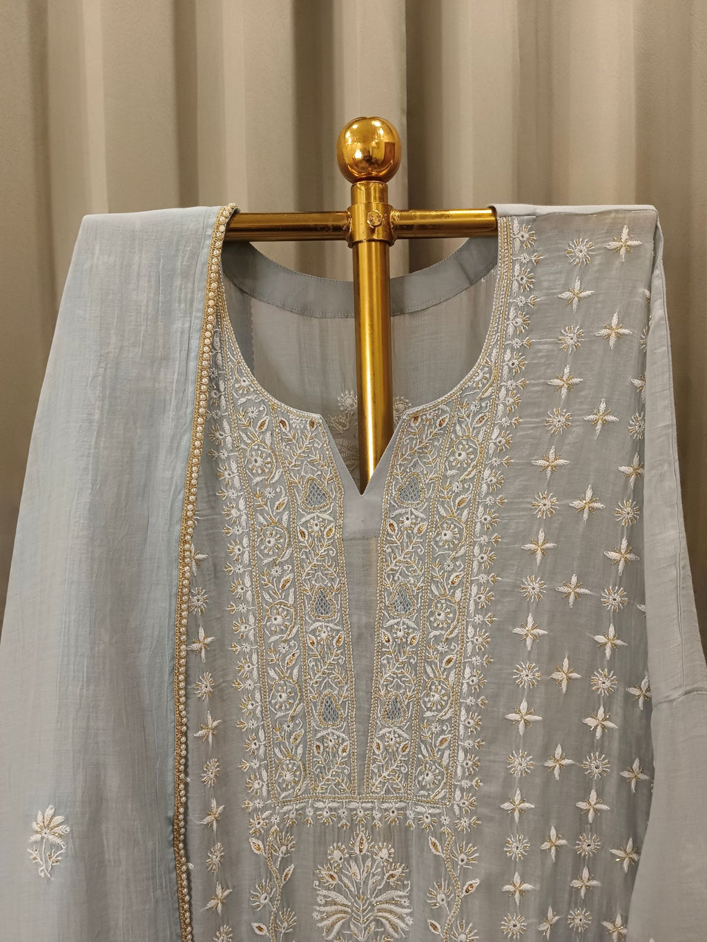 DOVE GREY MUL CHANDERI CHIKANKARI KURTA SET
