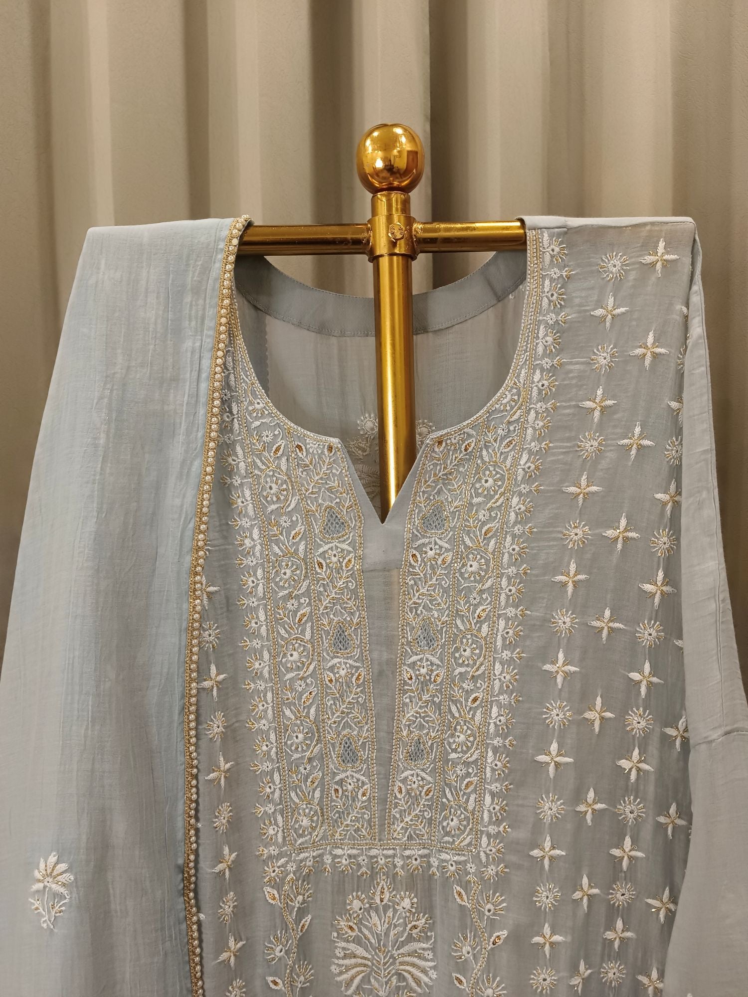 DOVE GREY MUL CHANDERI CHIKANKARI KURTA SET