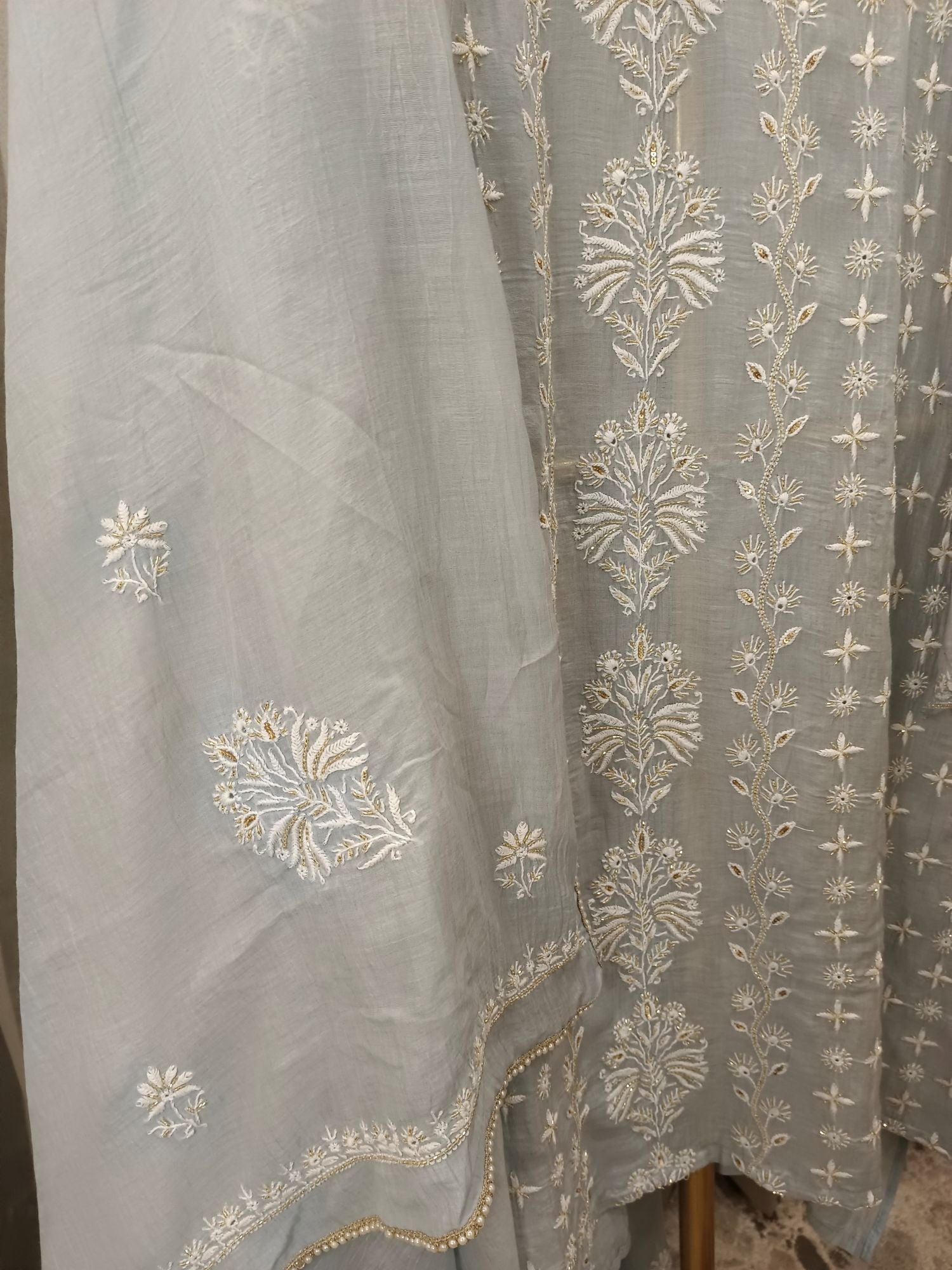 DOVE GREY MUL CHANDERI CHIKANKARI KURTA SET