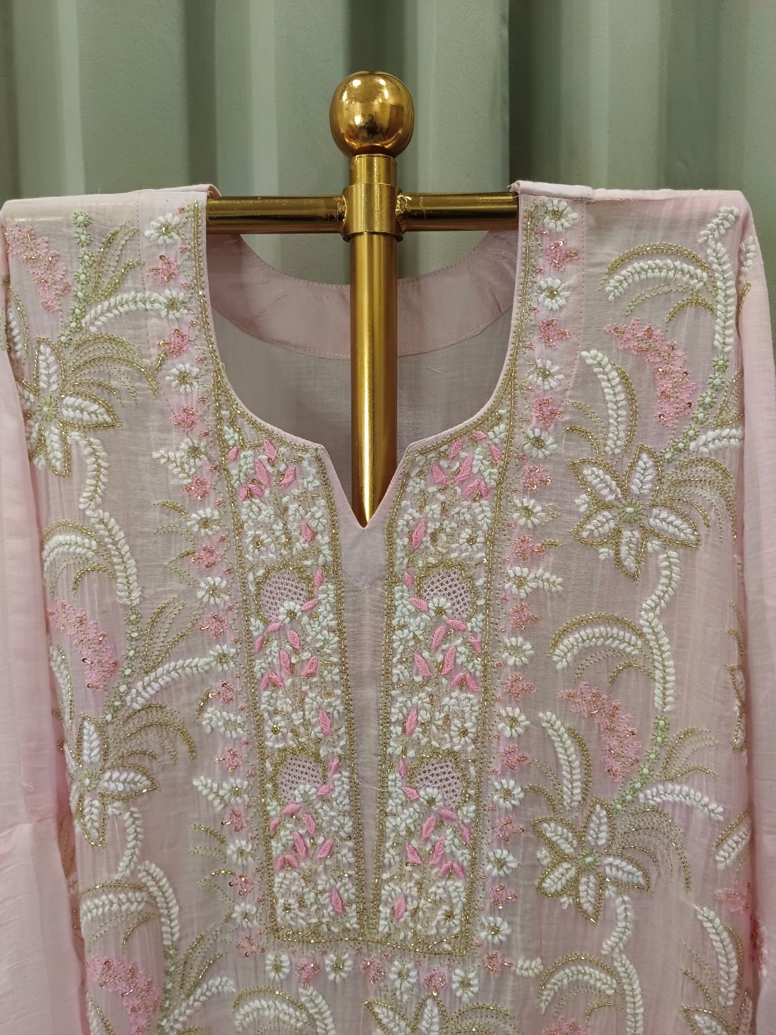 POWDERED ROSE MUL CHANDERI CHIKANKARI KURTA SET