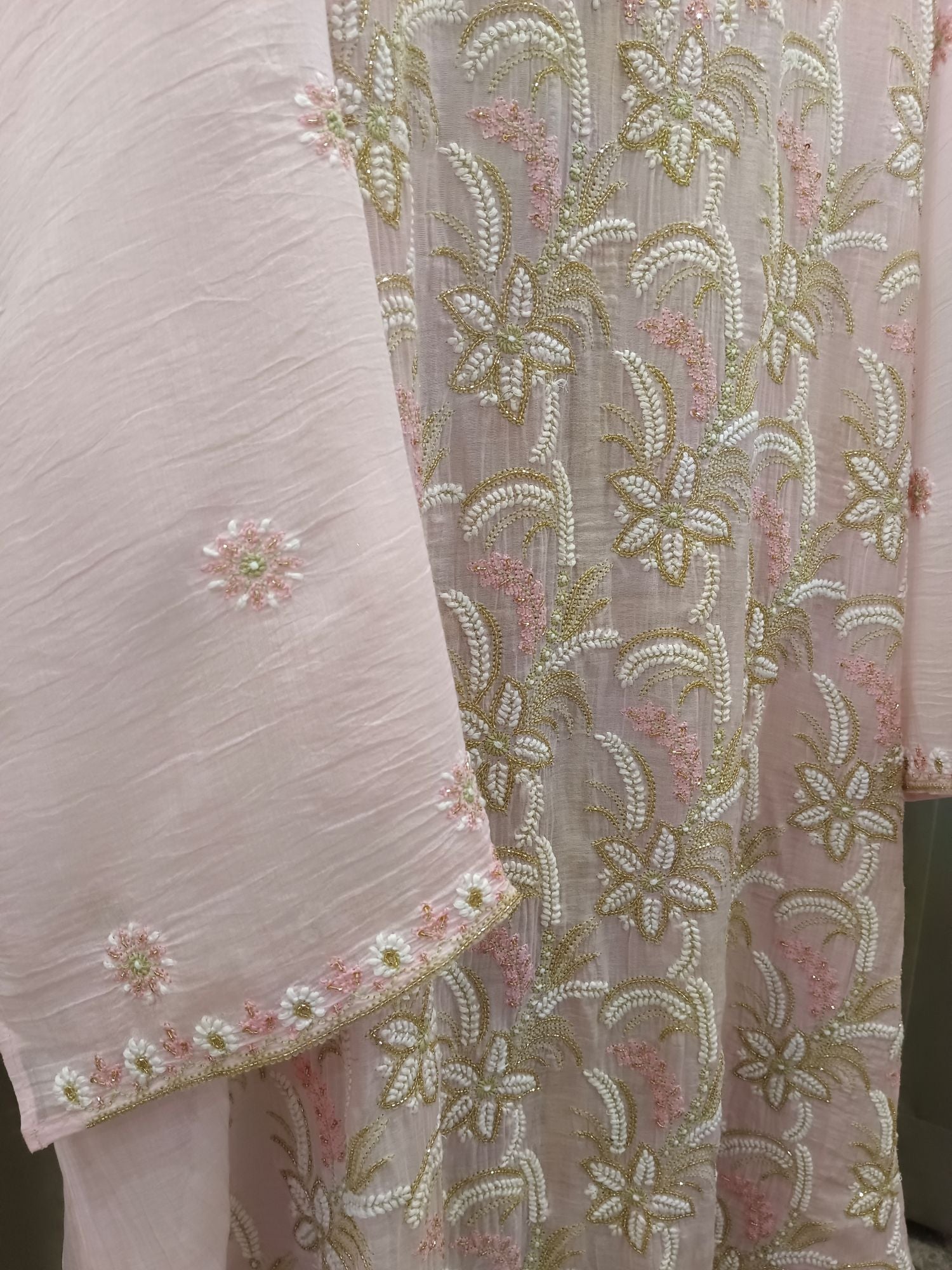 POWDERED ROSE MUL CHANDERI CHIKANKARI KURTA SET