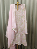 POWDERED ROSE MUL CHANDERI CHIKANKARI KURTA SET