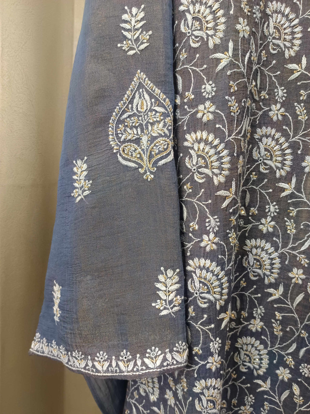 PRUSSIAN BLUE TISSUE CHIKANKARI KURTA SET