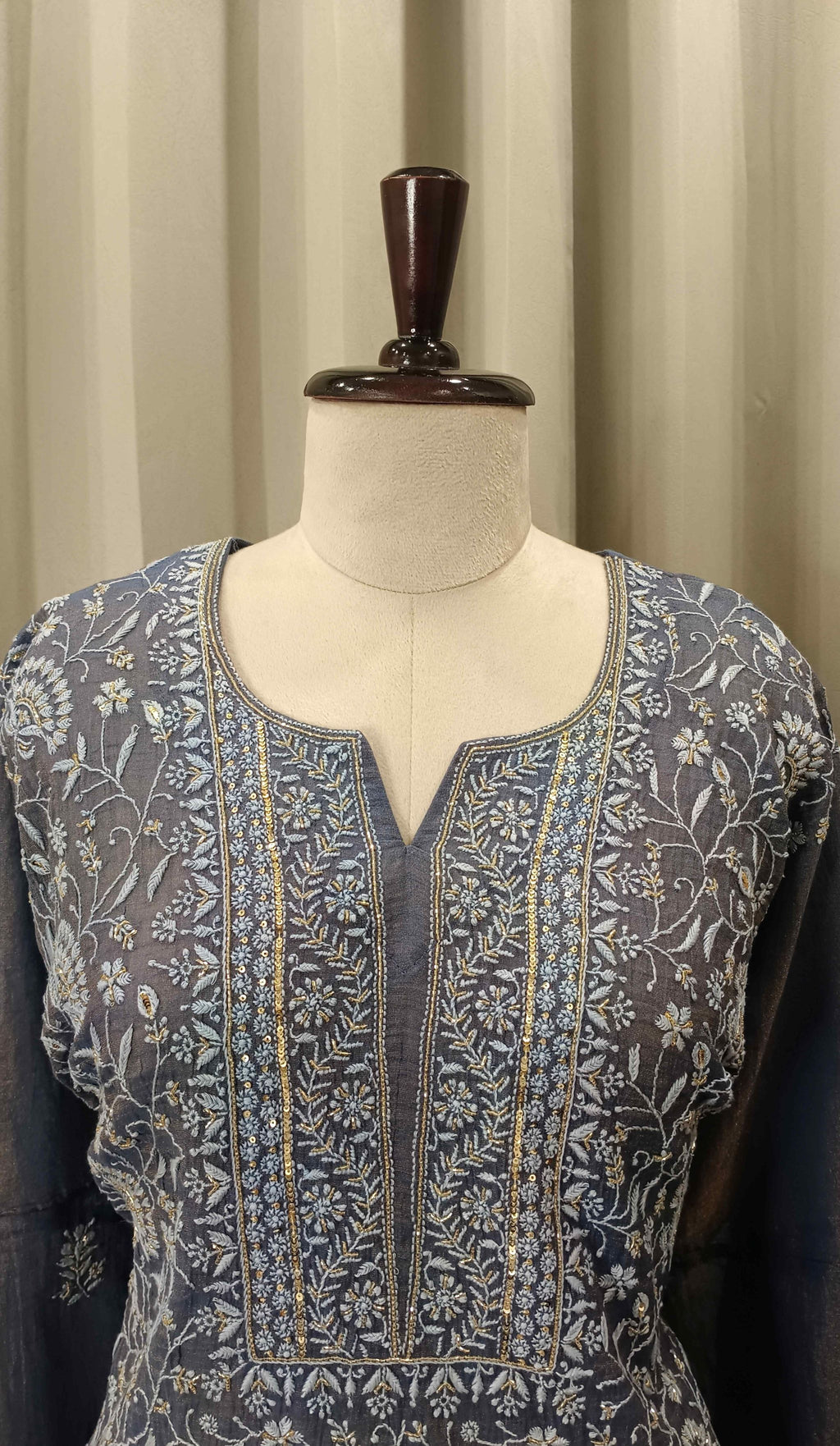 PRUSSIAN BLUE TISSUE CHIKANKARI KURTA SET