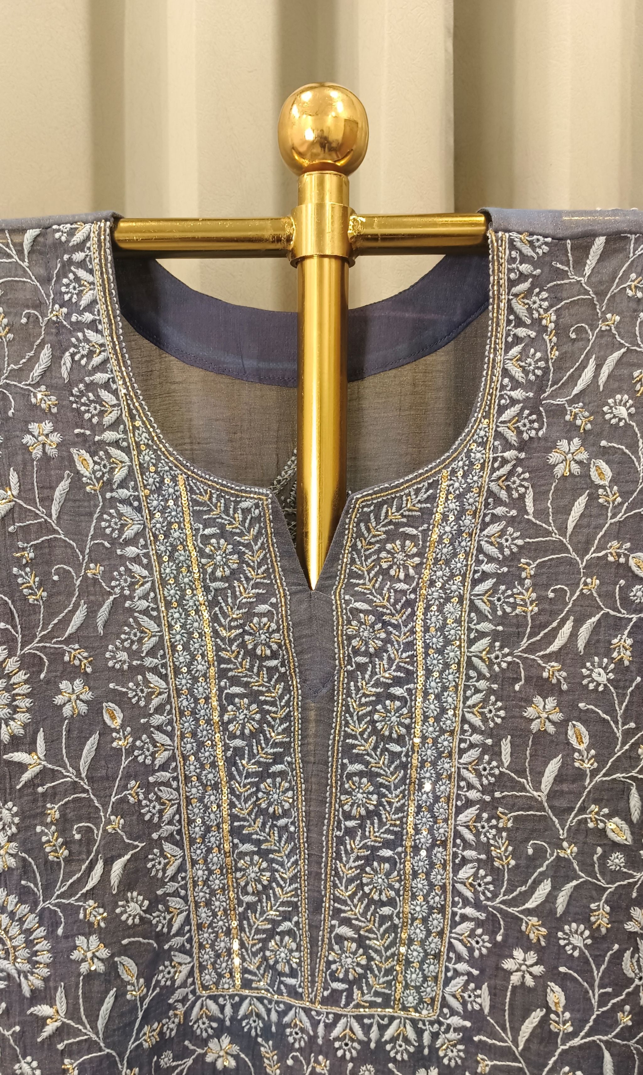 PRUSSIAN BLUE TISSUE CHIKANKARI KURTA SET
