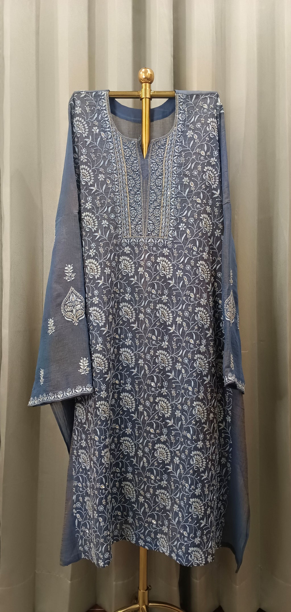 PRUSSIAN BLUE TISSUE CHIKANKARI KURTA SET