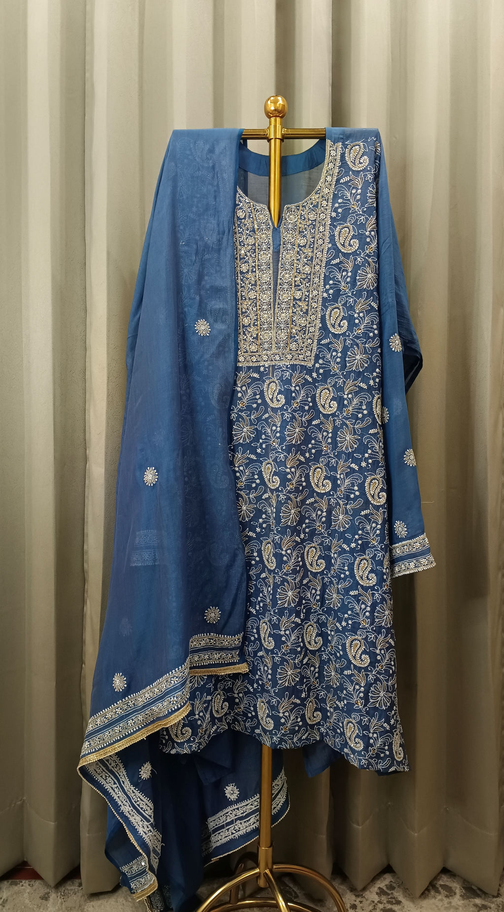 ROYAL BLUE MUL CHANDERI CHIKANKARI KURTA SET
