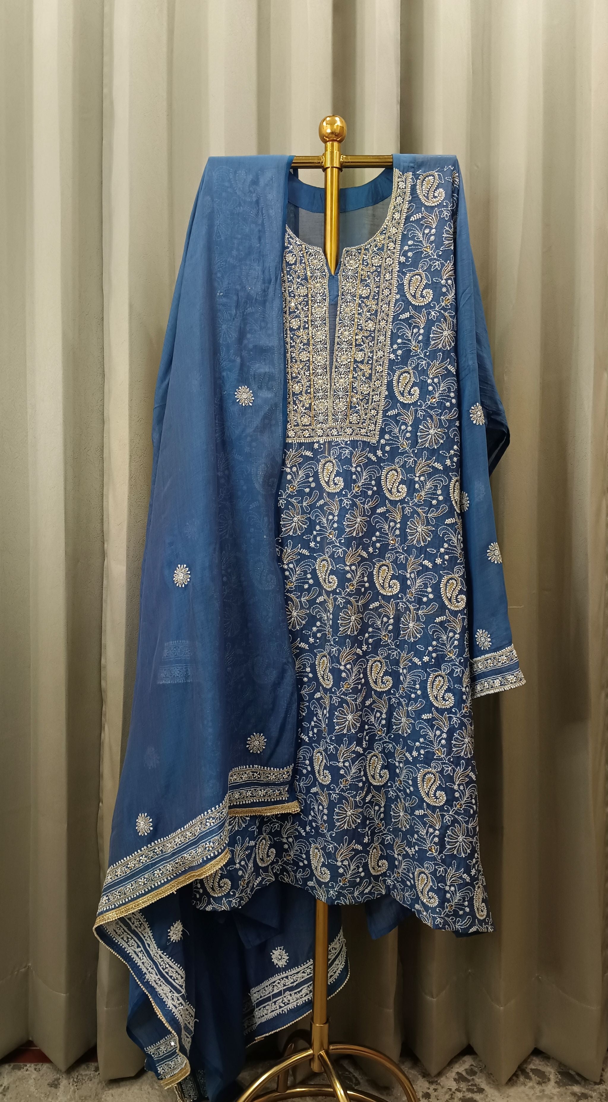 ROYAL BLUE MUL CHANDERI CHIKANKARI KURTA SET