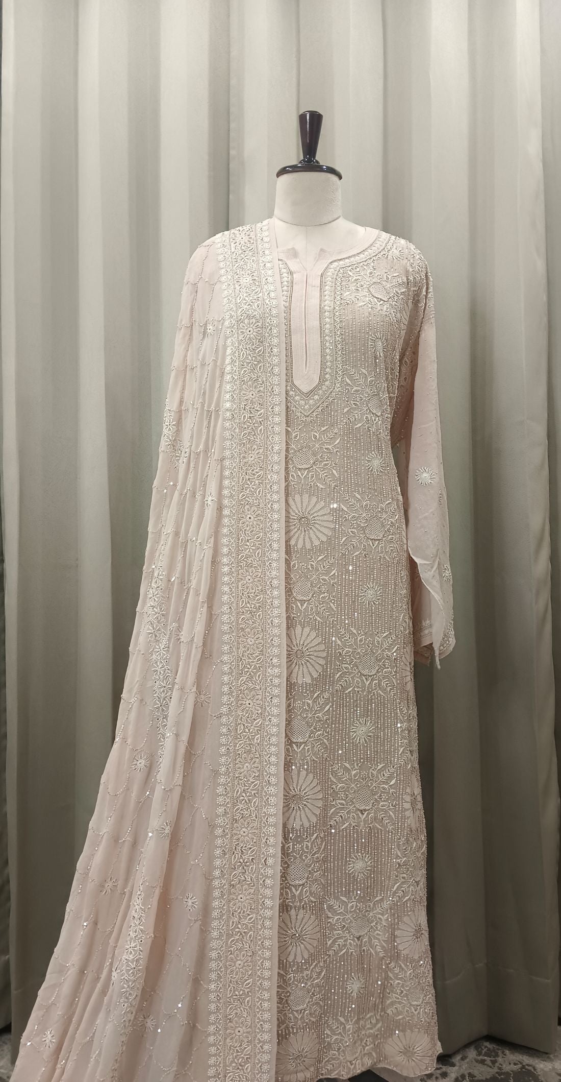 Ivory Georgette Chikankari Kurta Set With Heavy Embellishments