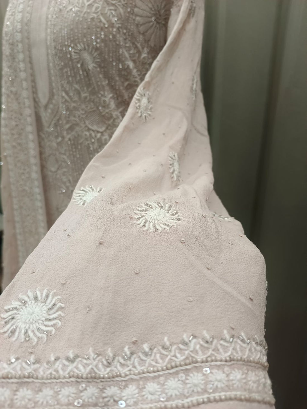 Ivory Georgette Chikankari Kurta Set With Heavy Embellishments