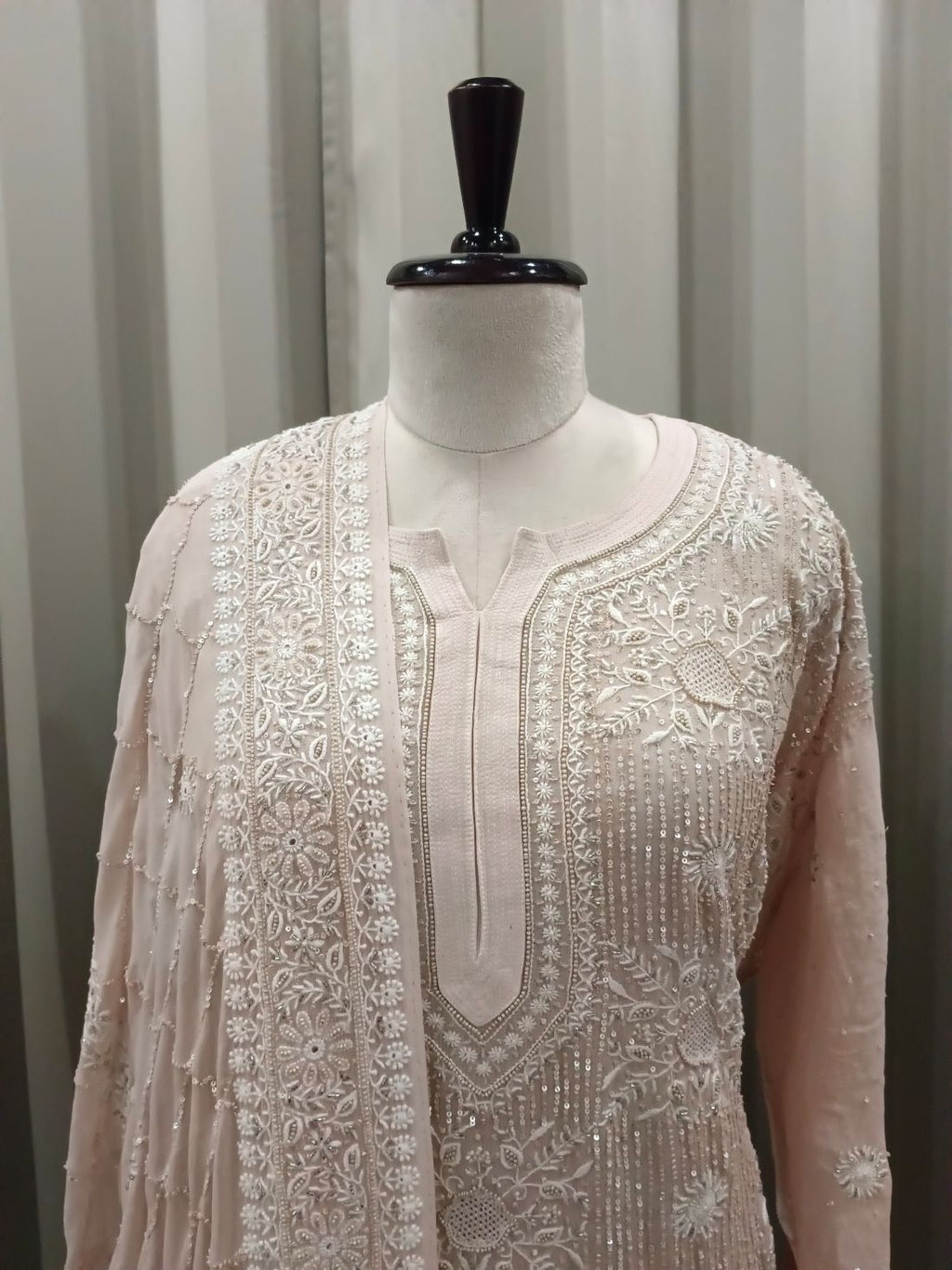 Ivory Georgette Chikankari Kurta Set With Heavy Embellishments