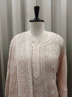Ivory Georgette Chikankari Kurta Set With Heavy Embellishments