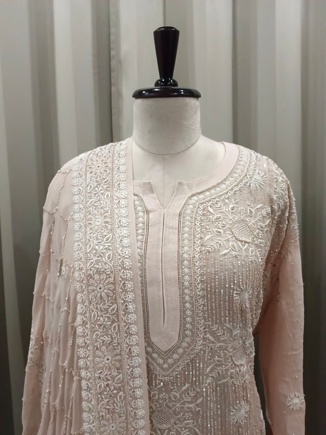 Ivory Georgette Chikankari Kurta Set With Heavy Embellishments