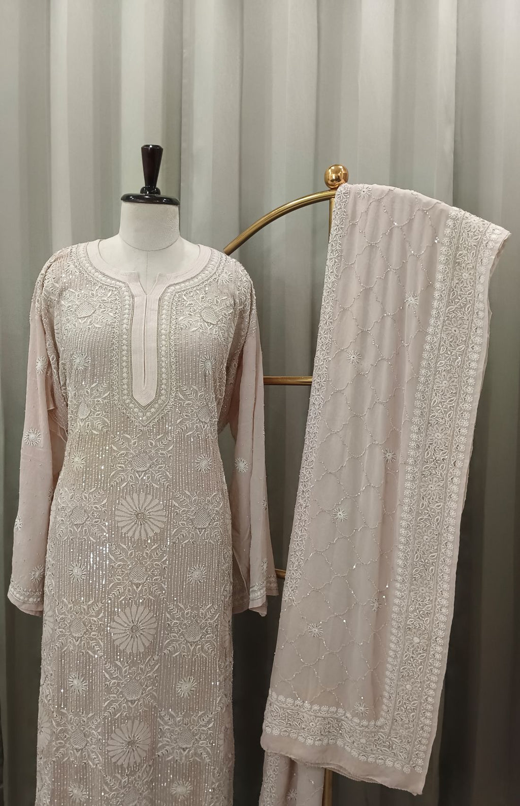 Ivory Georgette Chikankari Kurta Set With Heavy Embellishments