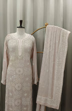 Ivory Georgette Chikankari Kurta Set With Heavy Embellishments