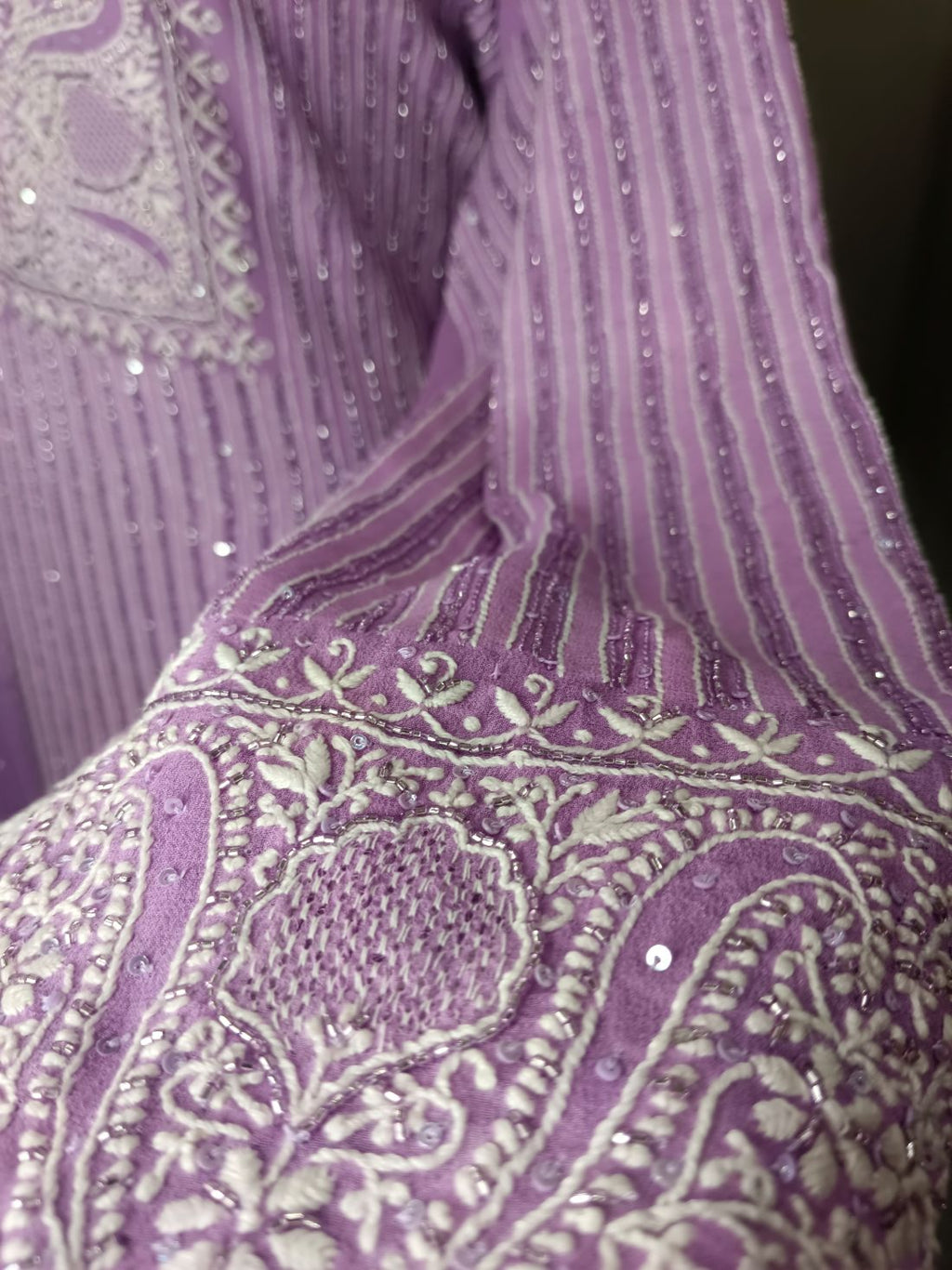 Lavender Georgette Chikankari Kurta Set With Heavy Embellishments