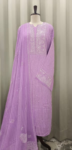 Lavender Georgette Chikankari Kurta Set With Heavy Embellishments