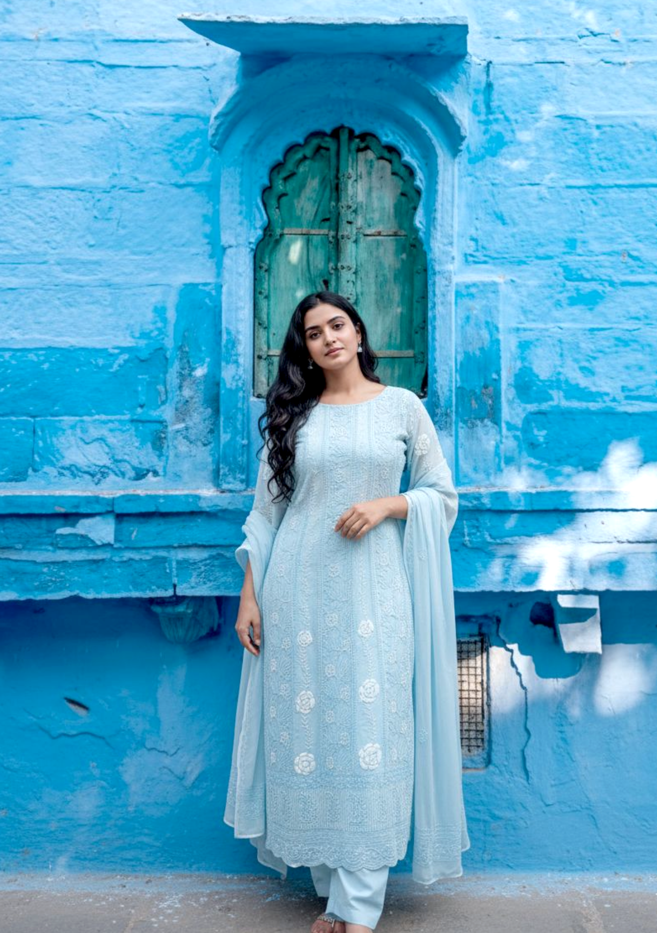 ELYSIAN BLEU GEORGETTE CHIKANKARI ANARKALI SET