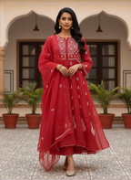 CRIMSON ORGANZA CHIKANKARI ANARKALI SET