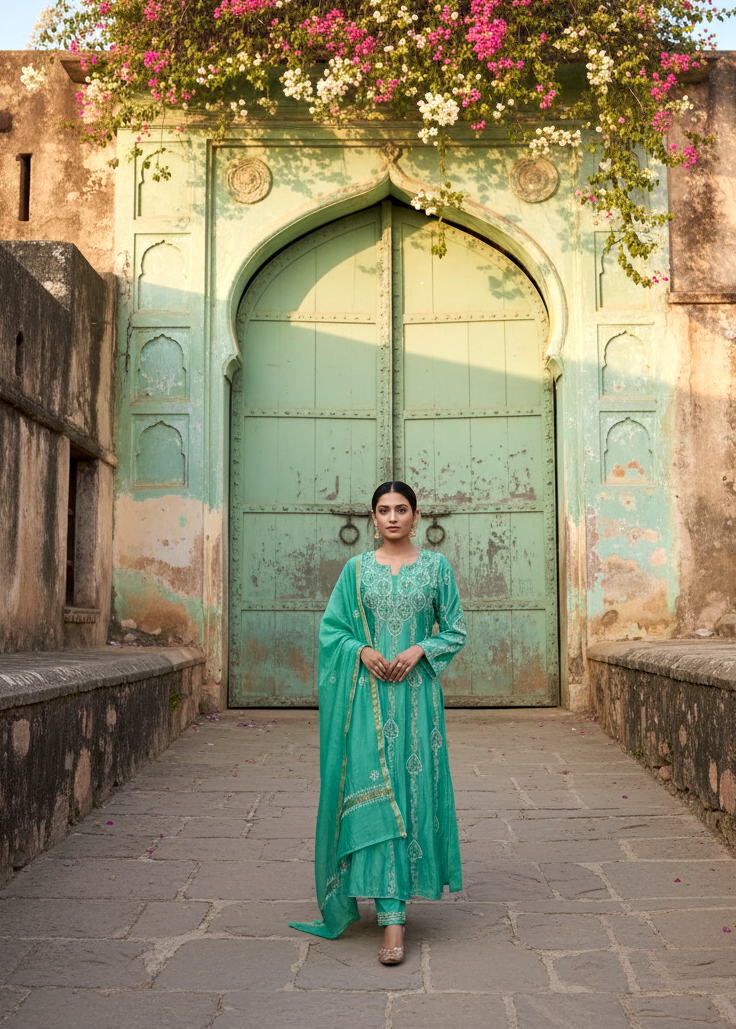 EMERAUDE MUL CHANDERI CHIKANKARI ANARKALI  SET