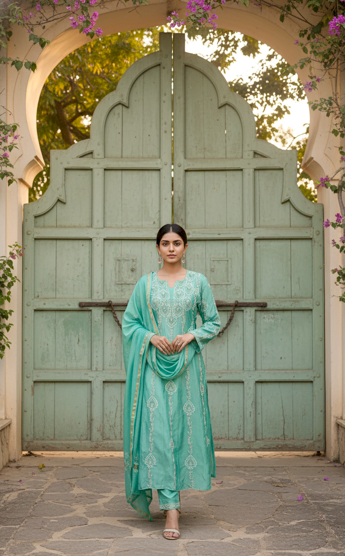 EMERAUDE MUL CHANDERI CHIKANKARI ANARKALI  SET