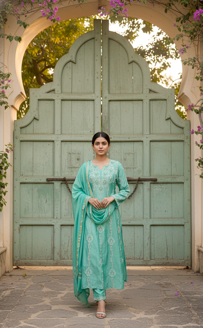 EMERAUDE MUL CHANDERI CHIKANKARI ANARKALI  SET