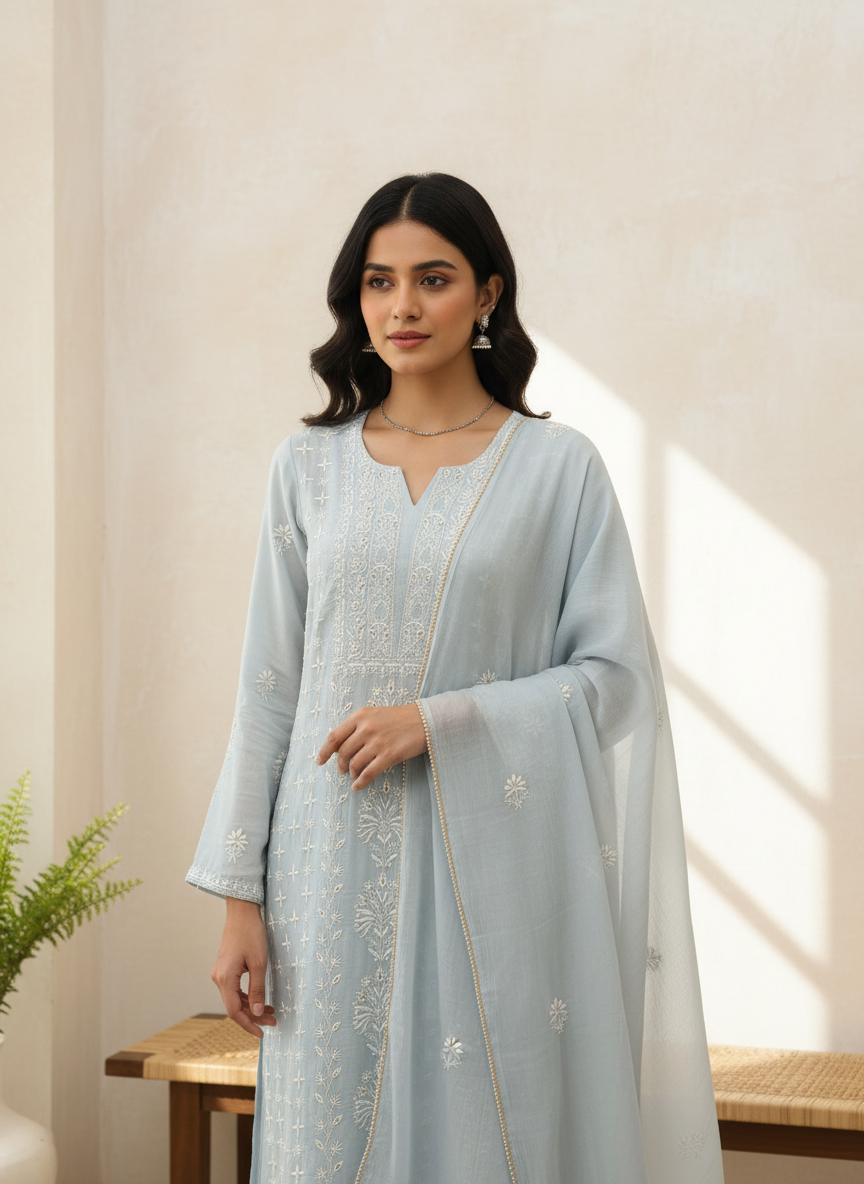 DOVE GREY MUL CHANDERI CHIKANKARI KURTA SET