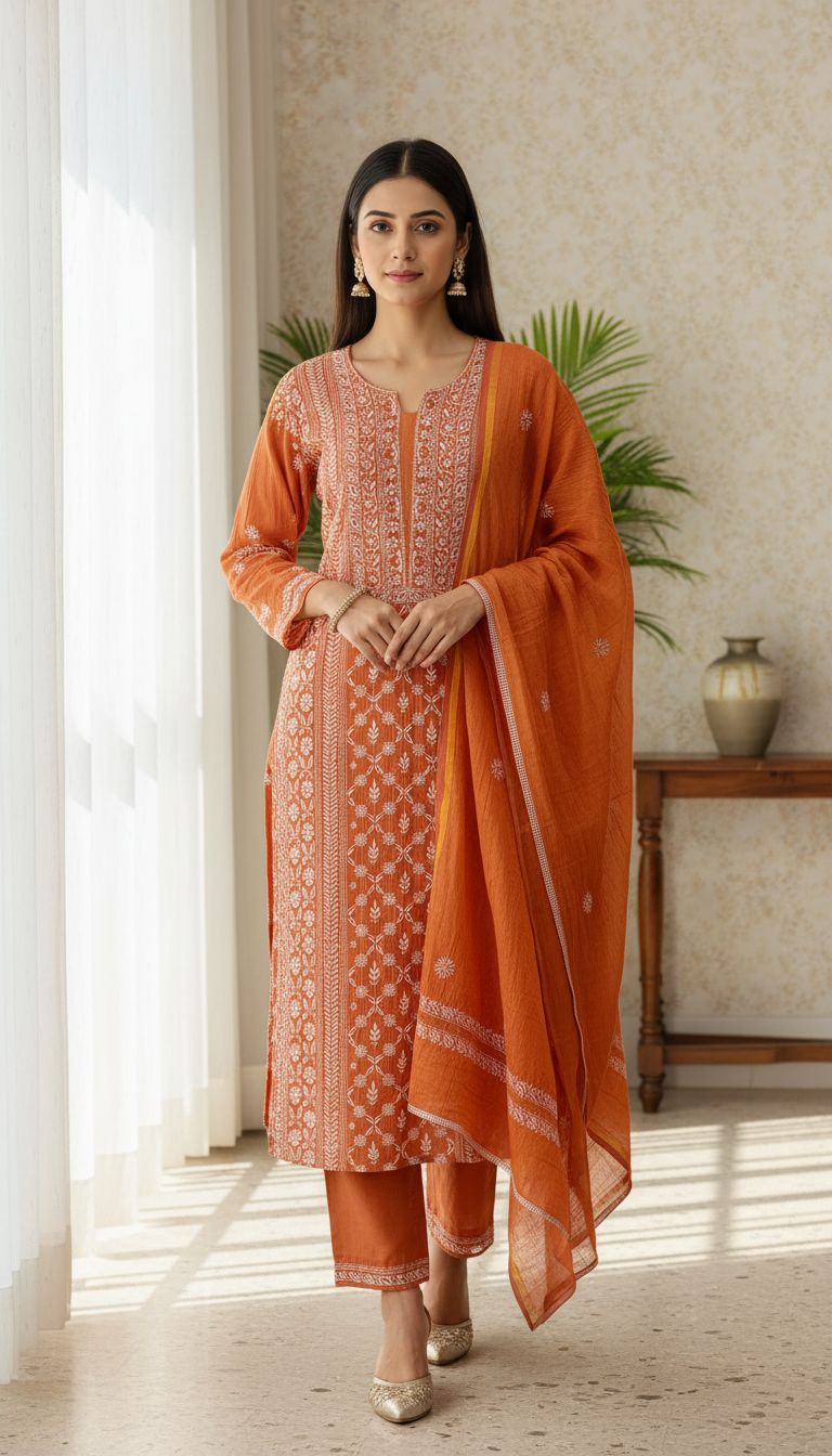 HONEYED AMBER TISSUE CHIKANKARI KURTA SET