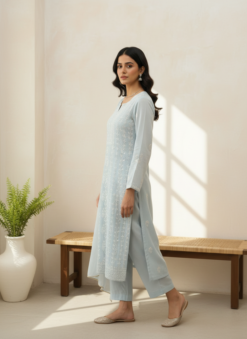 DOVE GREY MUL CHANDERI CHIKANKARI KURTA SET