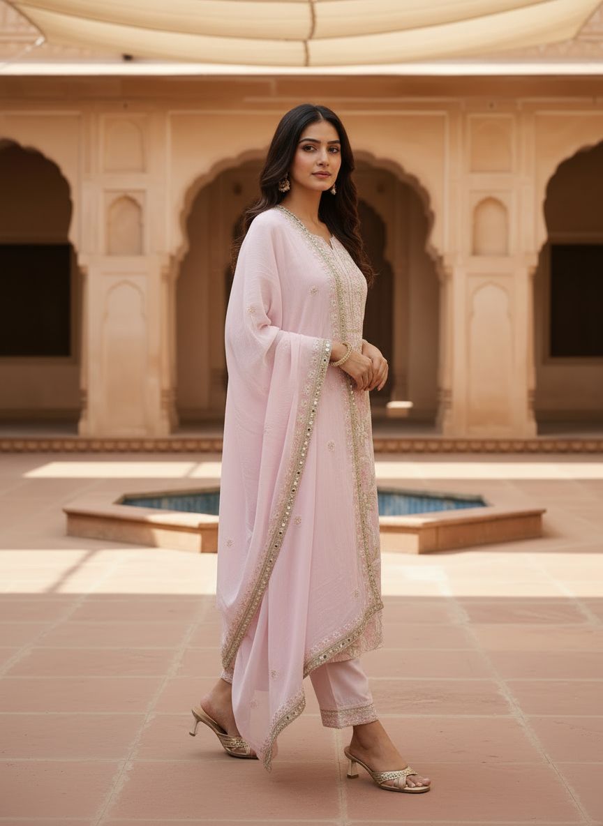 POWDERED ROSE MUL CHANDERI CHIKANKARI KURTA SET