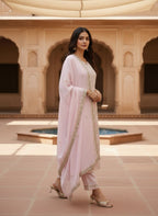 POWDERED ROSE MUL CHANDERI CHIKANKARI KURTA SET