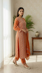 HONEYED AMBER TISSUE CHIKANKARI KURTA SET