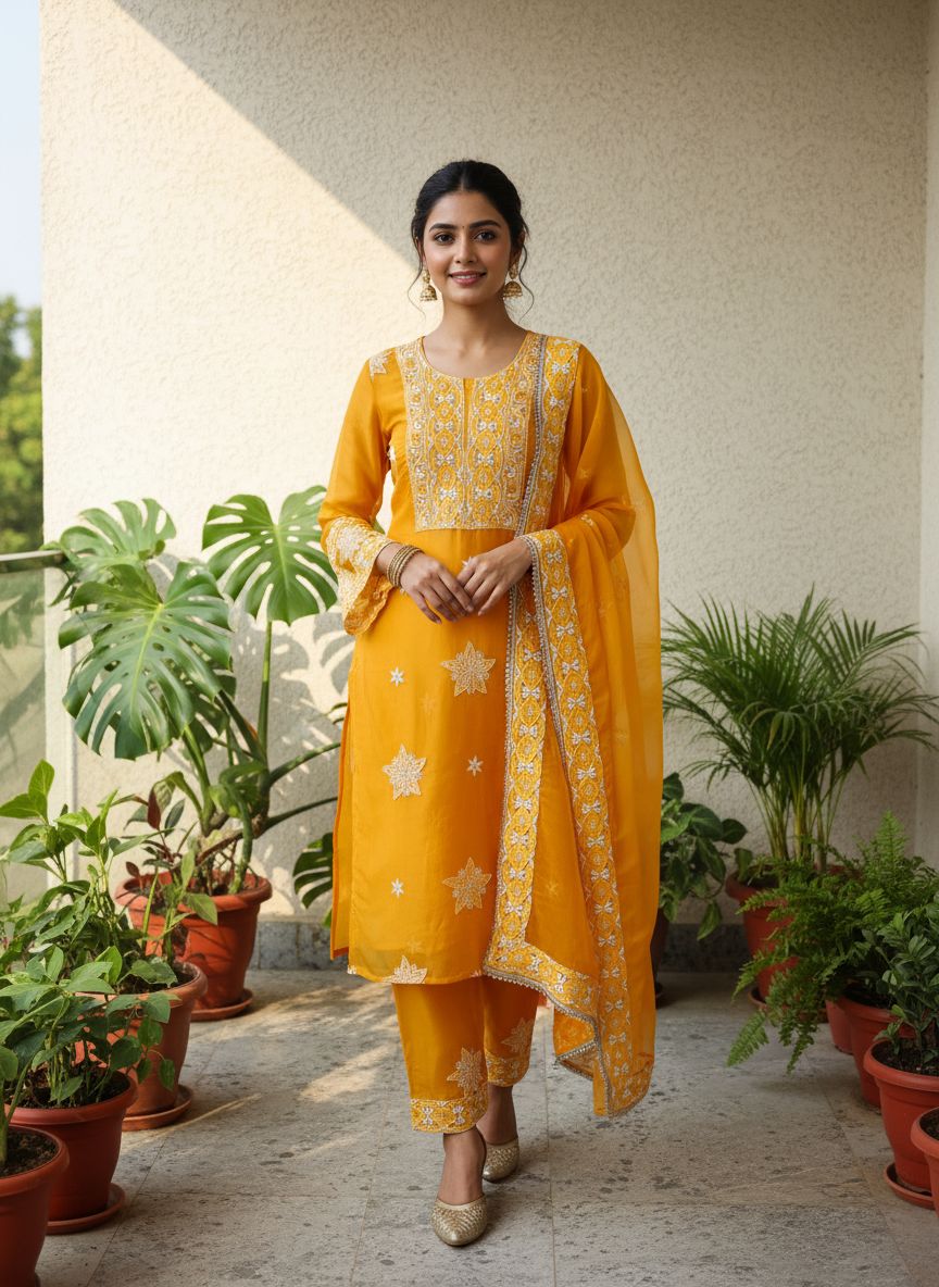MANDARIN ORGANZA CHIKANKARI KURTA SET