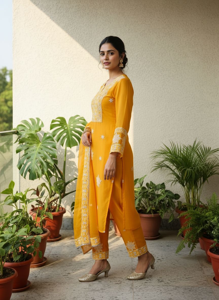 MANDARIN ORGANZA CHIKANKARI KURTA SET