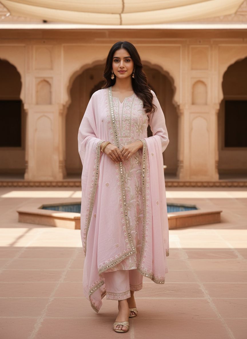 POWDERED ROSE MUL CHANDERI CHIKANKARI KURTA SET