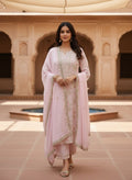 POWDERED ROSE MUL CHANDERI CHIKANKARI KURTA SET