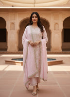POWDERED ROSE MUL CHANDERI CHIKANKARI KURTA SET