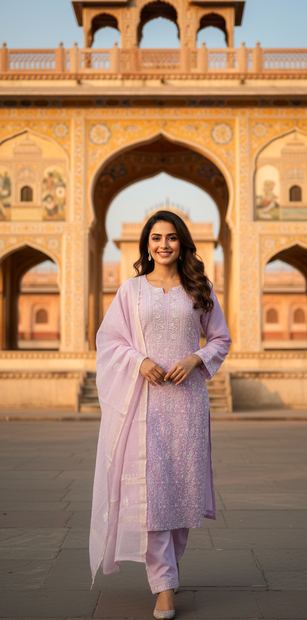 LAVENDER MUL CHANDERI  CHIKANKARI  KURTA SET