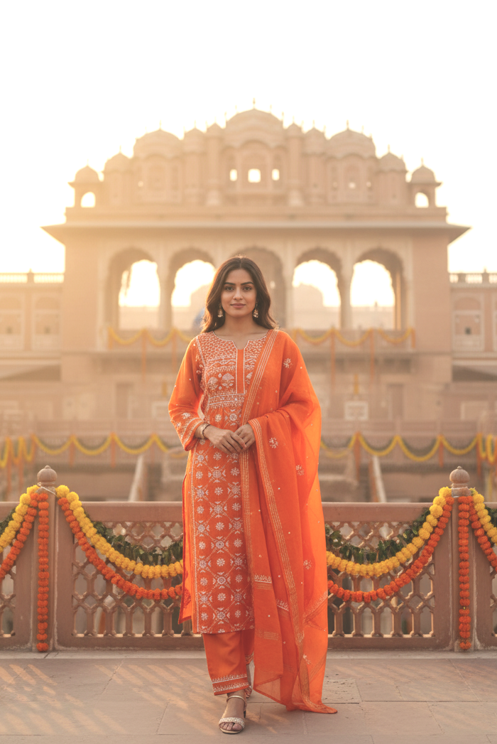 TANGERINE MUL CHANDERI PAKISTANI PANEL CHIKANKARI A-LINE KURTA SET