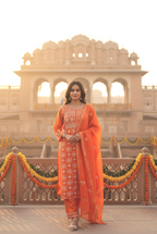 TANGERINE MUL CHANDERI PAKISTANI PANEL CHIKANKARI A-LINE KURTA SET