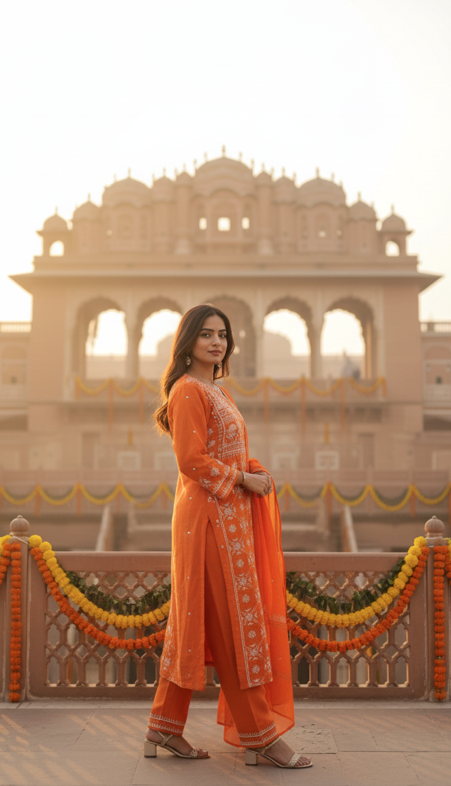 TANGERINE MUL CHANDERI PAKISTANI PANEL CHIKANKARI A-LINE KURTA SET