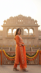 TANGERINE MUL CHANDERI PAKISTANI PANEL CHIKANKARI A-LINE KURTA SET