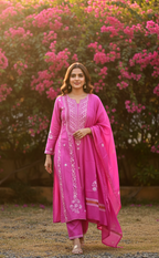 FUSHSIAE MUL CHANDERI CHIKANKARI ANARKALI SET